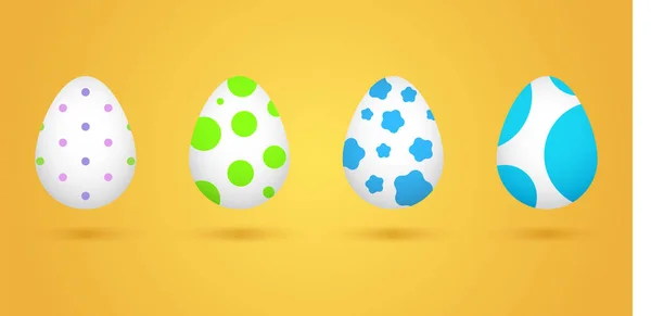 Conjunto de huevos realistas sobre fondo amarillo. Colección de Pascua. Ilustración vectorial . — Archivo Imágenes Vectoriales