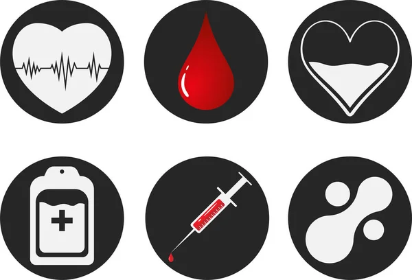 Conjunto de iconos de donación de sangre. Corazón, sangre, gota, contador, jeringa y molécula de mataball. Ilustración vectorial EPS 10 . — Vector de stock