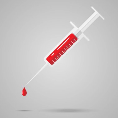 Düz şırınga ile kırmızı kan içinde. Vektör çizim. Kan bağışı kavramı. Vektör çizim Eps 10.