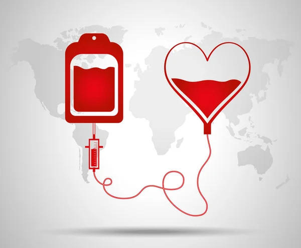 Kantong darah dan jantung. Konsep Hari Donasi Darah. Manusia mendonorkan darah. Ilustrasi vektor dalam gaya datar . - Stok Vektor