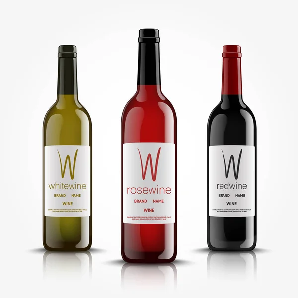 Vector, botellas de vino, hecho en un estilo realista. sobre un fondo blanco. Burla verde, roja y negra . — Vector de stock