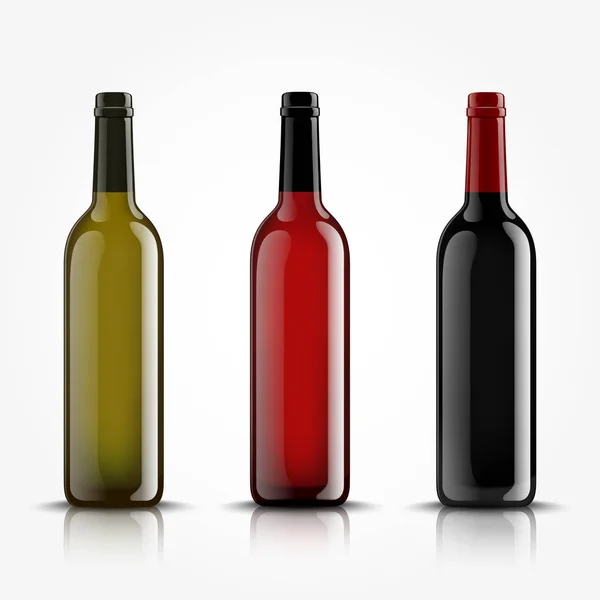 Vector, botellas de vino, hecho en un estilo realista. sobre un fondo blanco. Burla verde, roja y negra . — Archivo Imágenes Vectoriales