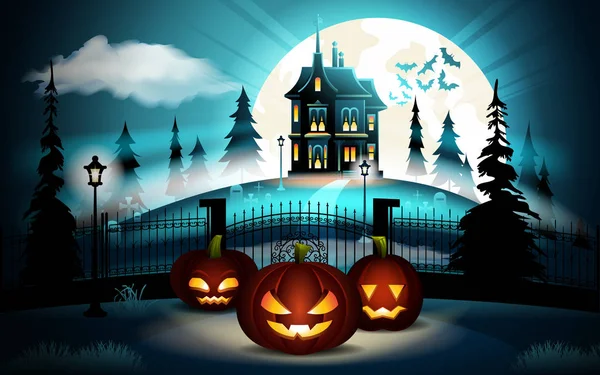 Halloween pumpkins in graveyard and dark castle on blue Moon background, illustration. — Stock Vector