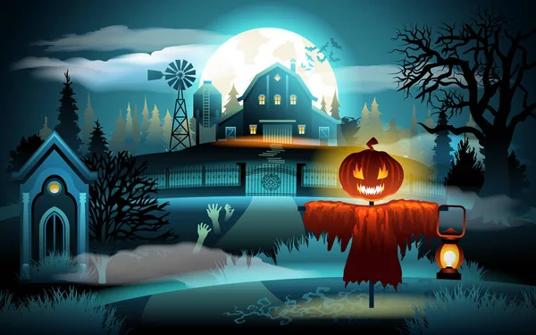 Страшное старое кладбище и фермерский дом на голубом лунном свете - Хэллоуин фон. Пугало с тыквенной головой — стоковый вектор