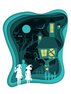 Poster, afiş veya arka planı Cadılar Bayramı partisi gece perili ev, çocuklar ve korkunç ağaç için.