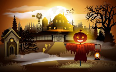 Çiftliği'nde Günbatımı - Cadılar Bayramı arka plan ve korkunç eski mezarlığı.