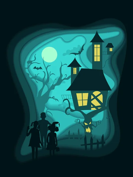 Ночь Хэллоуина с детьми, дом с привидениями на страшном дереве и полная луна. Стиль резьбы по бумаге. Флаер или шаблон приглашения на Хэллоуин вечеринки на черном. Векторная иллюстрация . — стоковый вектор