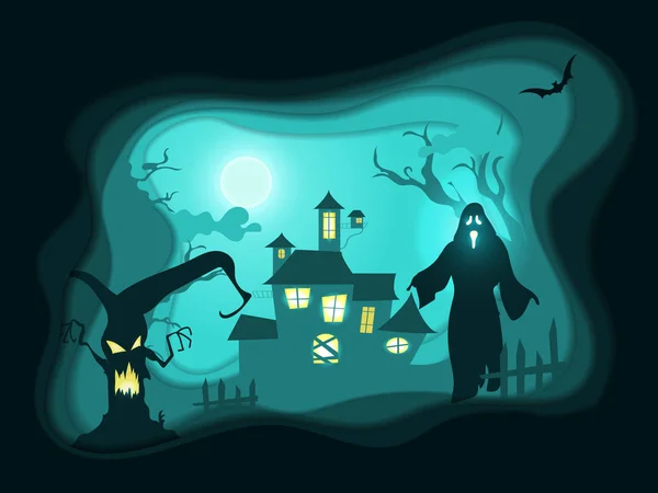Хэллоуин ночь плакат фон с домом с привидениями, страшное дерево, полная луна и смерть монстра. Стиль резьбы по бумаге. Флаер или шаблон приглашения на Хэллоуин. Векторная иллюстрация . — стоковый вектор