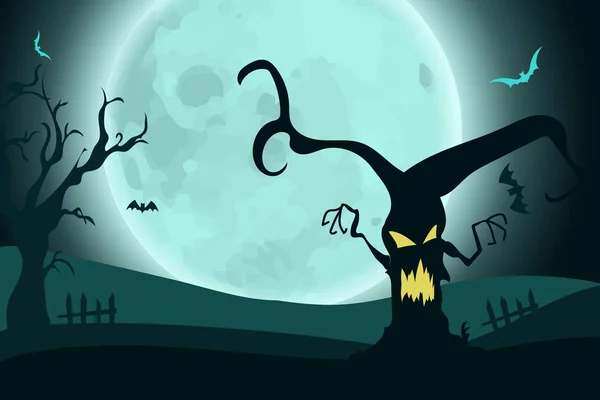 Fondo de Halloween con terror árbol de miedo en ladscape a la luz de la luna . — Vector de stock