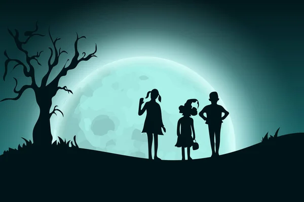 Fondo de Halloween con silueta de niños parados en el paisaje a plena luz de la luna . — Vector de stock