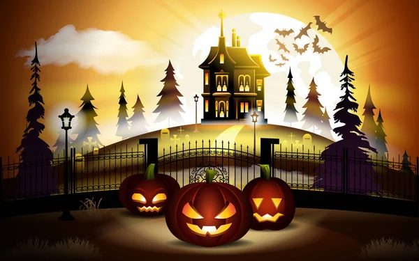 Cadılar Bayramı Balkabağı ve turuncu Moon arka plan, illüstrasyon koyu kalesinde.