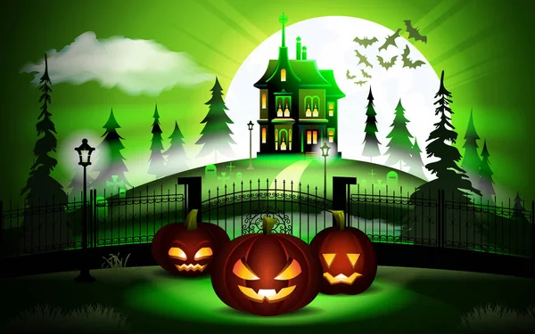 Calabazas de Halloween y castillo oscuro sobre fondo de luna verde, ilustración . — Archivo Imágenes Vectoriales