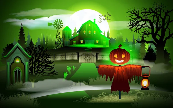 Asustado cementerio viejo y granja en la luz de la luna de miedo-fondo de Halloween . — Vector de stock