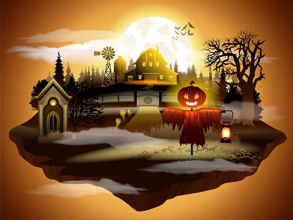 Tarjeta de felicitación de Halloween, ilustración vectorial. espantapájaros en el cementerio y el castillo oscuro en el fondo del cielo puesta de sol . — Vector de stock