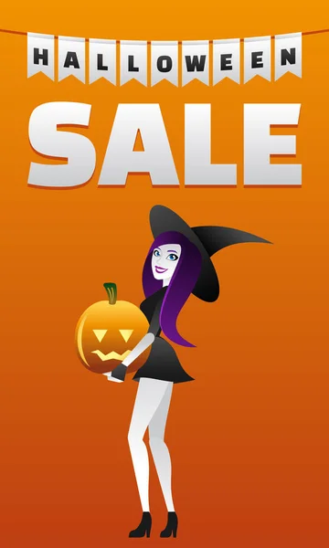 Сексуальная ведьма, держащая тыкву и стоящая рядом с плакатом распродажи на Хэллоуин . — стоковый вектор