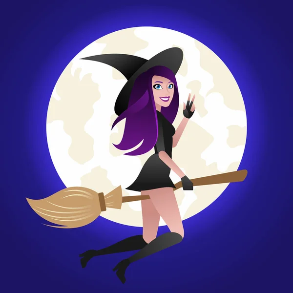 Концепция Хэллоуина, сексуальная ведьма летит на метле на фоне полнолуния . — стоковый вектор