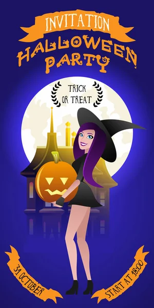 Invitación a fiesta de Halloween con bruja sexy . — Vector de stock