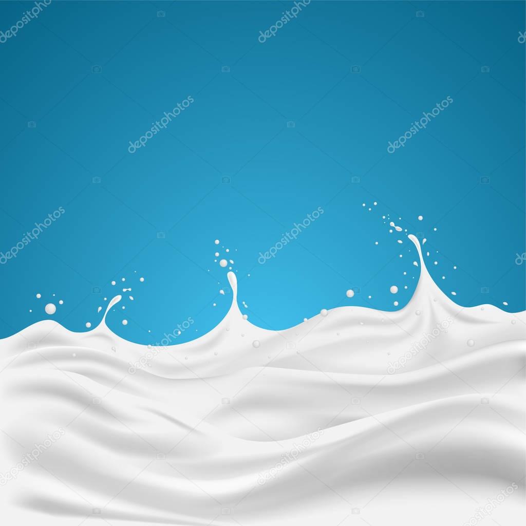 3d realistic milk splash. fluid with drops on blue background. Vector illustration.