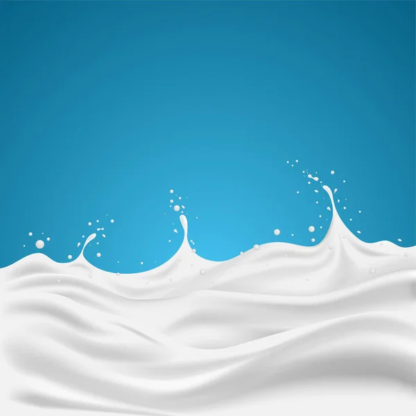 3d realistic milk splash. fluid with drops on blue background. Vector illustration. — Stock Vector