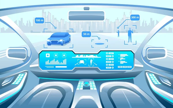Autónomo Smart interior del coche. auto-conducción en la ciudad en la carretera. La pantalla muestra información sobre el vehículo se está moviendo, GPS, tiempo de viaje, aplicación de asistencia de exploración de distancia. Concepto futuro . — Vector de stock