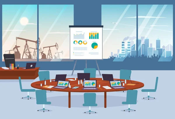 Konferenzraum im Business Center mit Ölpest und moderner Stadt im Hintergrund. — Stockvektor