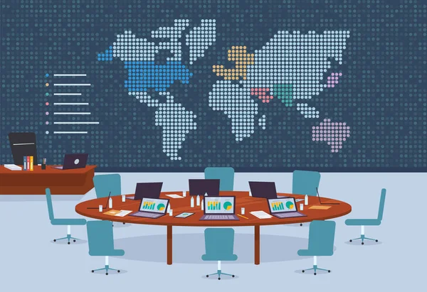 Salle de conférence au centre d'affaires avec fond carte du monde en pointillés . — Image vectorielle
