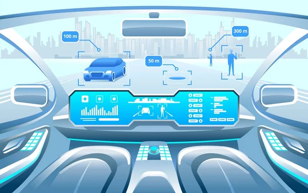 Autonomes Smart Car Interieur. Selbstfahrendes Auto in der Stadt auf der Autobahn. Anzeige zeigt Informationen über das Fahrzeug in Bewegung, GPS, Fahrzeit, Abstandsassistenz-App scannen. Zukunftskonzept. — Stockvektor