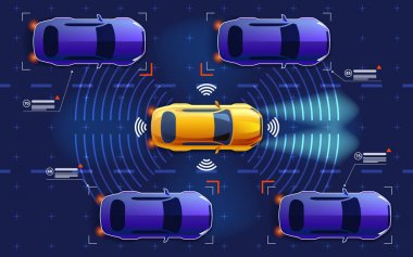 Özerk elektro akıllı araç trafik yolda gidiyor. Yolun, inceden inceye gözden geçirmek mesafe gözlemlemek. Gelecekteki kavramı.