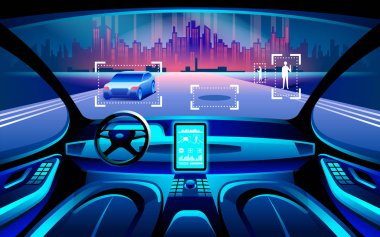 Autinomous akıllı araba inerior. Kendini gece şehir manzarası sürüş. Araç hakkında bilgi taşıma, Gps ekran gösterir, seyahat süresi, uzaktan yardım app. gelecek kavramı inceden inceye gözden geçirmek.
