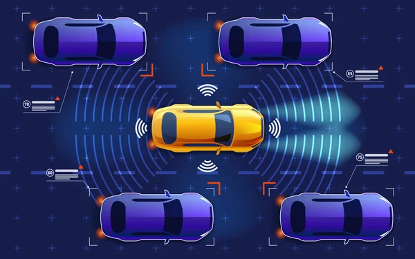 Autonoma electro smart car va su strada nel traffico. Scansiona la strada, osserva la distanza. Concetto futuro . — Vettoriale Stock