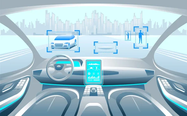 Autinomous smart car inerior. Auto guida a paesaggio urbano. Il display mostra informazioni sul veicolo in movimento, GPS, tempo di viaggio, distanza di scansione app Assistenza. Concetto futuro . — Vettoriale Stock