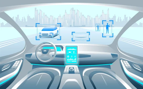 Autinomous のスマートな車の内部。都市景観で運転している自己。車両に関する情報を移動すると、Gps が表示、所要時間、距離援助約未来コンセプトをスキャン. — ストックベクタ