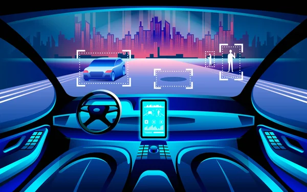 Selbstfahrendes Smart-Car. Selbstfahrende Stadtlandschaften in der Nacht. Anzeige zeigt Informationen über das Fahrzeug in Bewegung, GPS, Fahrzeit, Abstandsassistenz-App scannen. Zukunftskonzept. — Stockvektor