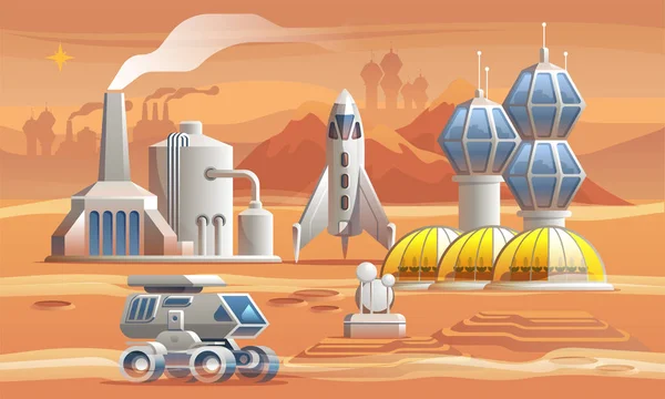 Человеческие колонизаторы на Марсе. Rover диски по красной планете около завода, теплицы и космического корабля — стоковый вектор