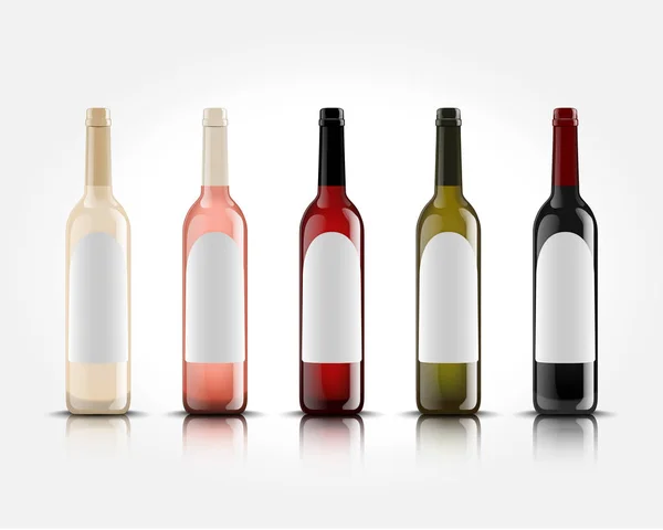 3d botellas de vino vector realistas sobre fondo blanco con etiquetas vacías para su diseño y logotipo. Burla para la presentación de su producto . — Archivo Imágenes Vectoriales