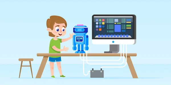 Menino criando e programando robô inteligente. Ilustração vetorial isolada. conceito de desenvolvimento infantil . —  Vetores de Stock