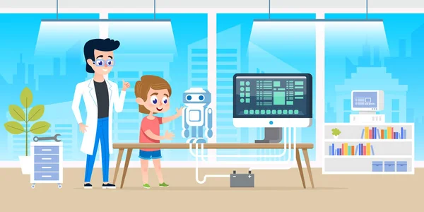 Maestro guapo ayudar a niño pequeño con la programación y la creación de robot inteligente. Cursos en clase de oficina moderna para niños. Ilustración vectorial . — Archivo Imágenes Vectoriales