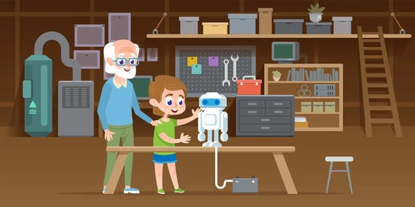 彼の祖父の小さな男の子は、ガレージ ワーク ショップで新しいレゴのロボットを作成します。家族一緒にスマート技術グッズをエンジニア リングします。ベクトル図. — ストックベクタ