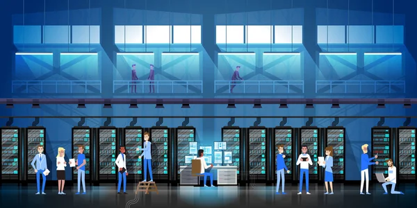 Personas que trabajan en la sala de centro de datos Hosting Server Computer Monitoring Information Database Flat Vector Illustration — Vector de stock