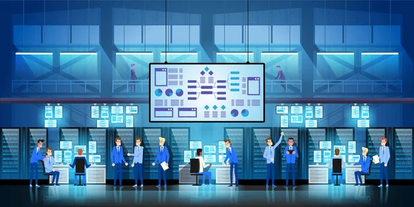 Ingenieros de TI en Big Data Center trabajan en un proyecto gubernamental de nueva tecnología con salas de servidores y computadoras . — Archivo Imágenes Vectoriales