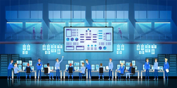 サーバー室およびコンピューターと新しい技術政府プロジェクトに大きなデータ センター作業の it エンジニアします。. — ストックベクタ