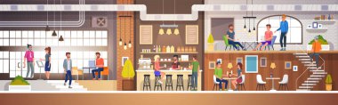 Çatı katı tarzında modern Cafe iç. İnsanlarla dolu. Restoran düz vektör çizim.
