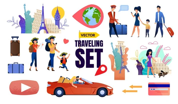 Vector Travelling Set with Happy Tourists Family — Stock Vector