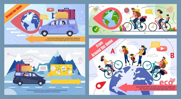 Bicicleta e carro viagem rodada globo promo banner conjunto —  Vetores de Stock