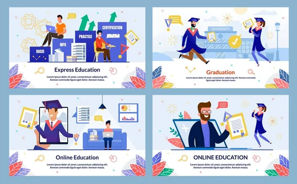 Definir banner Educação Online, Graduação, Desenhos Animados . — Vetor de Stock