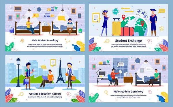 Обмен студентами, векторные баннеры зарубежного образования
