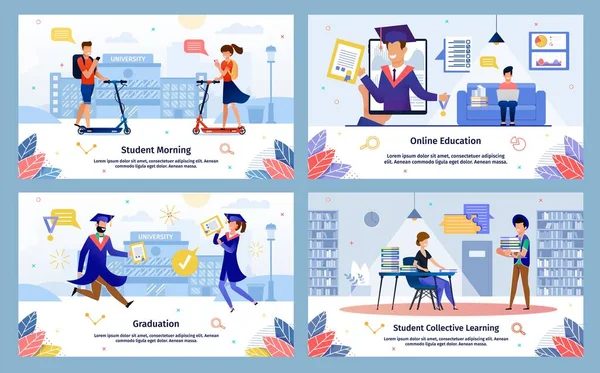 Escenas de vida de educación estudiantil Banners de vectores planos — Vector de stock