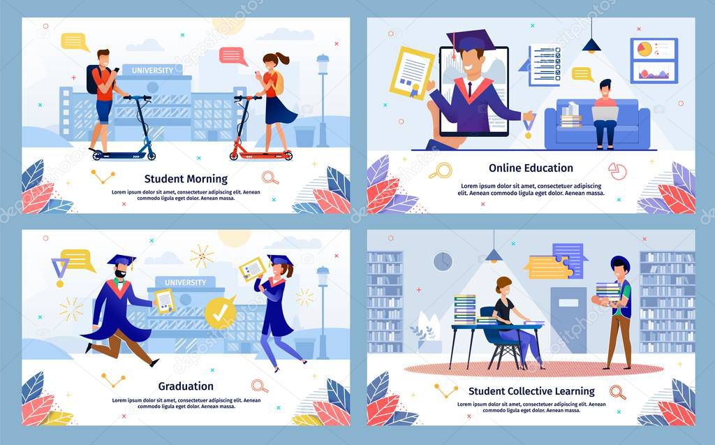 Student Education Life Scenes Flat Vector Banners