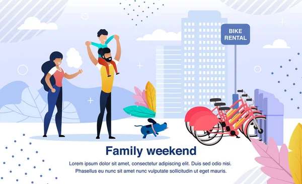 Família feliz fim de semana Flat Vector Banner, Cartaz — Vetor de Stock