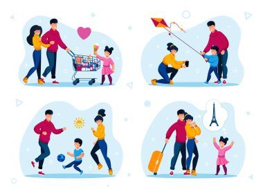 Family Happy Time Recreation Flat Vector Set